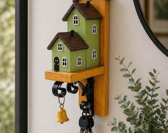 Handmade Wooden Key Holder with Bell & Clock | Rustic House Key Rack | Wall Mounted Key Organizer | Farmhouse Entryway Decor