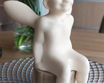 Handmade White Clay Angel Sculpture on Wooden Base | Minimalist Ceramic Fairy Figurine | Artisan Home Decor Gift