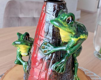 Handmade Frog Vase, Ceramic Frog Vase with 3 Frogs, Whimsical Pottery Flower Vase, Unique Nature Inspired Home Decor, One of a Kind Gift