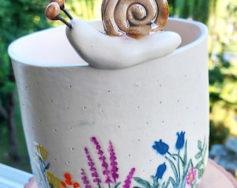 Handmade Ceramic Planter for Flowers, Colorful Clay Flowerpot, Country Style Pot, Summerhouse and Garden Home Decor Gift, Snail figurine