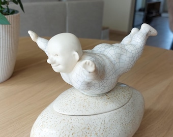 Handmade Ceramic Flying Man Jar with Lid, Funny Pottery Container, Whimsical Home Decor Gift