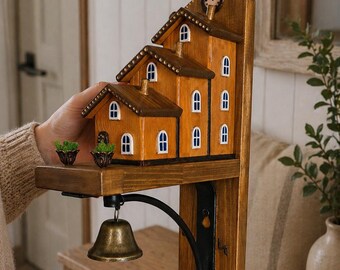 Handmade Wooden Key Holder with Bell & Clock | Rustic House Key Rack | Wall Mounted Key Organizer | Farmhouse Entryway Decor