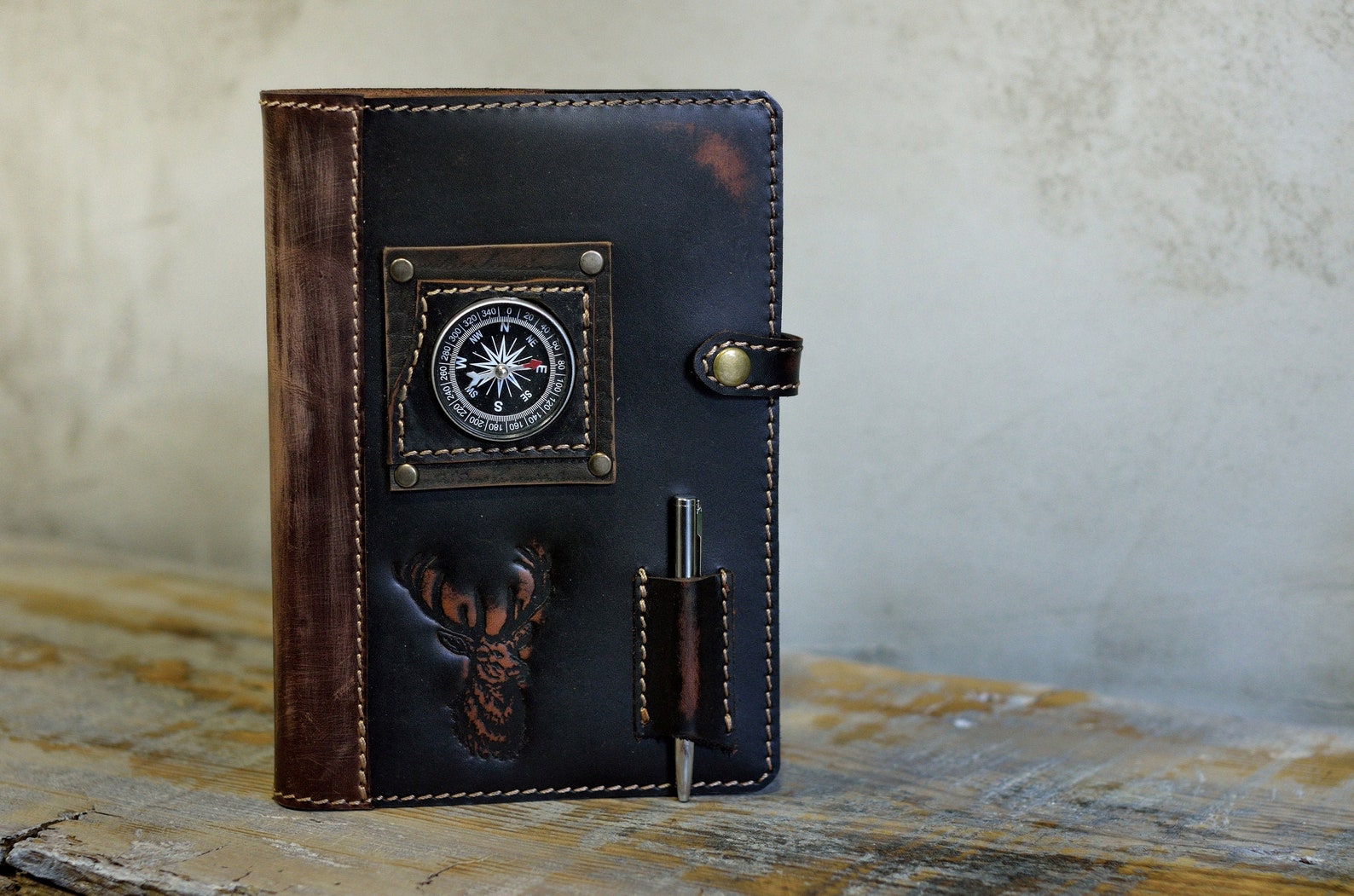 Genuine Leather Notebook with Compass Free Leather Bookmark Etsy
