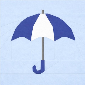 May include: A geometric quilt block featuring a blue and white umbrella design. The umbrella's canopy is a combination of blue and white fabric, with a gray handle and a blue curved handle. The background is a light blue color.