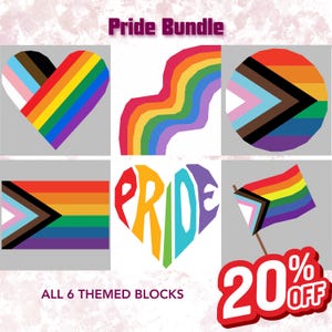 May include: A digital graphic titled Pride Bundle featuring six distinct designs: a heart, a wavy rainbow, a circular flag, a rectangular flag, a heart shape formed by the word PRIDE, and a waving flag on a pole with a 20% off label.