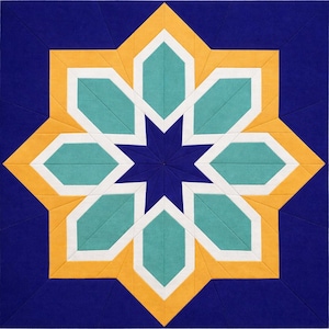 May include: A geometric quilt block with an eight-pointed star design at its centre. The star incorporates teal, white, and yellow shapes, set against a deep blue background. The design is symmetrical and visually appealing.