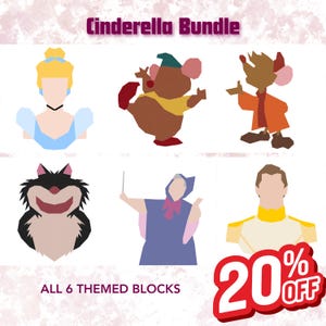 May include: A digital graphic set titled Cinderella Bundle featuring six stylized character illustrations including a woman with blonde hair, two mice, a black cat, a person in a blue robe, and a man, with text stating 20% OFF ALL 6 THEMED BLOCKS.