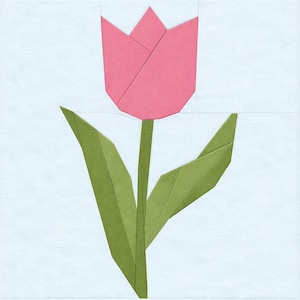 May include: A paper tulip in origami style, featuring a pink flower, green stem, and leaves on a light blue backdrop. The folded paper construction highlights the origami technique. The leaves and stem are a darker shade of green.