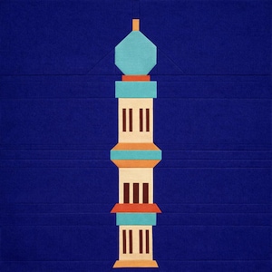 May include: A geometric illustration of a minaret against a deep blue background. The minaret features a light blue dome, orange accents, and beige rectangular sections with vertical brown lines, creating a symmetrical design.