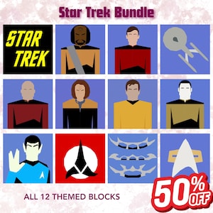 May include: A collection of 12 themed blocks featuring Star Trek characters and symbols. The blocks include images of characters in uniform, the Star Trek logo, and the Starfleet insignia. The text "Star Trek Bundle" and "All 12 Themed Blocks" are also present.