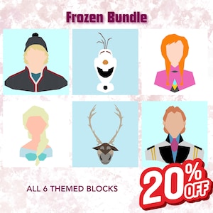 May include: A graphic design featuring six themed blocks with characters from the movie "Frozen." The blocks include images of Kristoff, Olaf, Anna, Elsa, Sven, and Hans. Text reads "Frozen Bundle" and "All 6 Themed Blocks." A red banner displays "20% OFF."