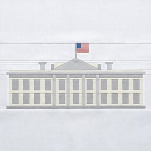 May include: A stylized illustration of the White House. The building is depicted in shades of gray and white, with a small American flag waving on the roof. The design is simple and graphic, with clean lines and a minimalist aesthetic.