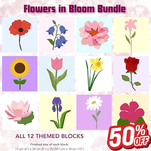 Könnte beinhalten: Eine Sammlung von 12 thematischen Blumenblöcken, jeder mit einem anderen Blumendesign. Die Blöcke sind in einem Raster angeordnet und zeigen eine Vielzahl von Blüten, darunter eine Mohnblume, Glockenblumen und eine Sonnenblume. Jeder Block misst 15 cm x 20 cm x 25 cm x 30 cm.