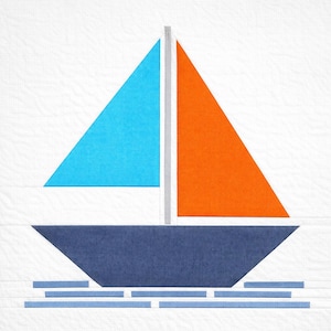 May include: A nautical-themed quilt block featuring a sailboat. The boat's hull is navy blue, with orange and turquoise sails. The mast is gray, and the water is represented by horizontal blue lines against a white background.