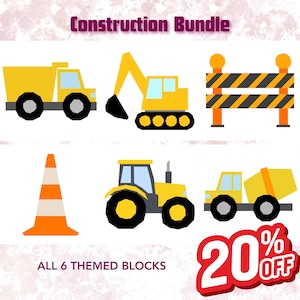May include: A digital graphic set titled Construction Bundle featuring six yellow construction vehicle and equipment illustrations including a dump truck, excavator, road barrier, traffic cone, tractor, and cement mixer with 20% off text.