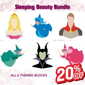 May include: A graphic featuring six stylized characters from Sleeping Beauty, including Aurora, fairies, and Maleficent. The text "Sleeping Beauty Bundle" and "ALL 6 THEMED BLOCKS" are displayed. A red banner indicates a 20% discount.