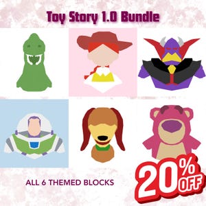 Puede incluir: Un gráfico digital titulado Toy Story 1.0 Bundle que presenta seis ilustraciones estilizadas de personajes: un dinosaurio verde, una vaquera, un villano morado y negro, un guardián espacial, un perro marrón y un oso rosa, con el texto 20% OFF.