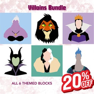 May include: A digital graphic titled Villains Bundle featuring six stylized character portraits in square blocks, including a purple sea witch, a black-maned lion, a queen with a crown, a horned figure, a black and white haired person, and a blue-haired figure.