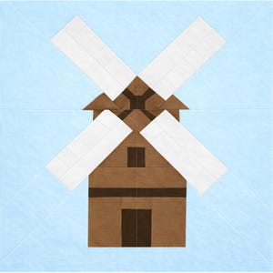 May include: A brown and white windmill design on a light blue background. The windmill has four white blades and a brown body with a dark brown door and window. The design is a square, possibly a quilt block.