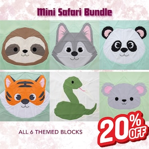 May include: A collection of six themed fabric blocks featuring animal faces: a sloth, wolf, panda, tiger, snake, and koala. The text "Mini Safari Bundle" and "All 6 Themed Blocks" are displayed. A red banner shows "20% OFF".