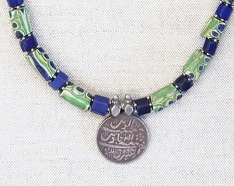 Venetian Trade Beads, Russian Blues, and Coin Silver Rupee Necklace