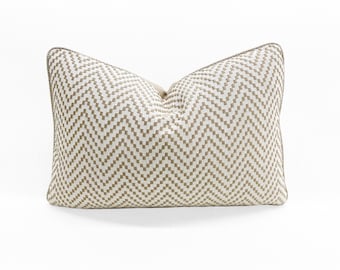 Beige Chevron Lumbar Pillow – Brown Wool Back, 15x22, Insert Included