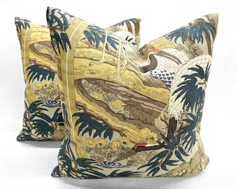 PAIR of 24x24 Hazelton House "Oriental Pheasants" Olive Pillow COVERS -  Hand Block Pattern