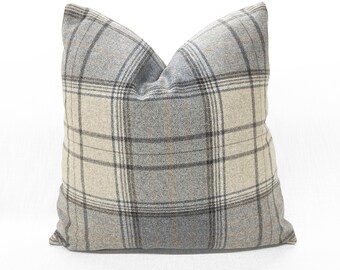 Gray and Taupe Wool Plaid Pillow Cover - Different Sizes Available