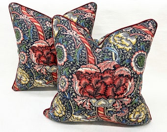 PAIR of 22x22 MORRIS & CO. "Wandle" Indigo/Carmine Pillow Covers