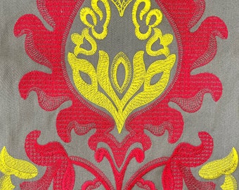 Red & Yellow Damask Embroidered Upholstery Fabric - 12.5 Yards