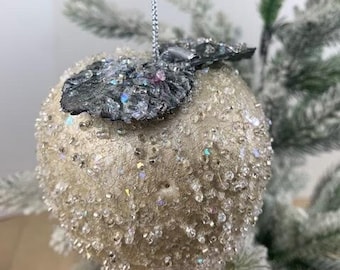 Set of 6 Glittered Apple Ornaments, Silvery Glittered Apple Ornaments in a set of 6, Glamorous Apple Ornaments, Chunky Glittered Apples