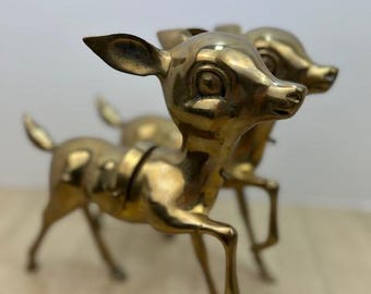 Vintage Pair of Brass Standing Deer in Harness, Brass Santa's Reindeer, Vintage Brass Side by Side Reindeer, Seasonal Christmas Brass Decor