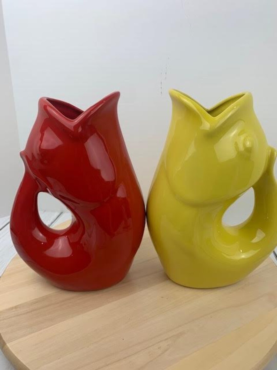 2006 Yellow Gurgle Pot, 2006 Red Gurgle Pot, Gurgle Pot Pitcher, Fish