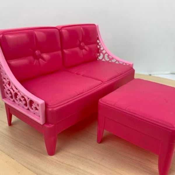 Barbie Plastic Pink Tufted Loveseat and Ottoman, Original Hot Pink Barbie Furniture, Hot Pink Loveseat and Ottoman with Barbie Logo/Buttons