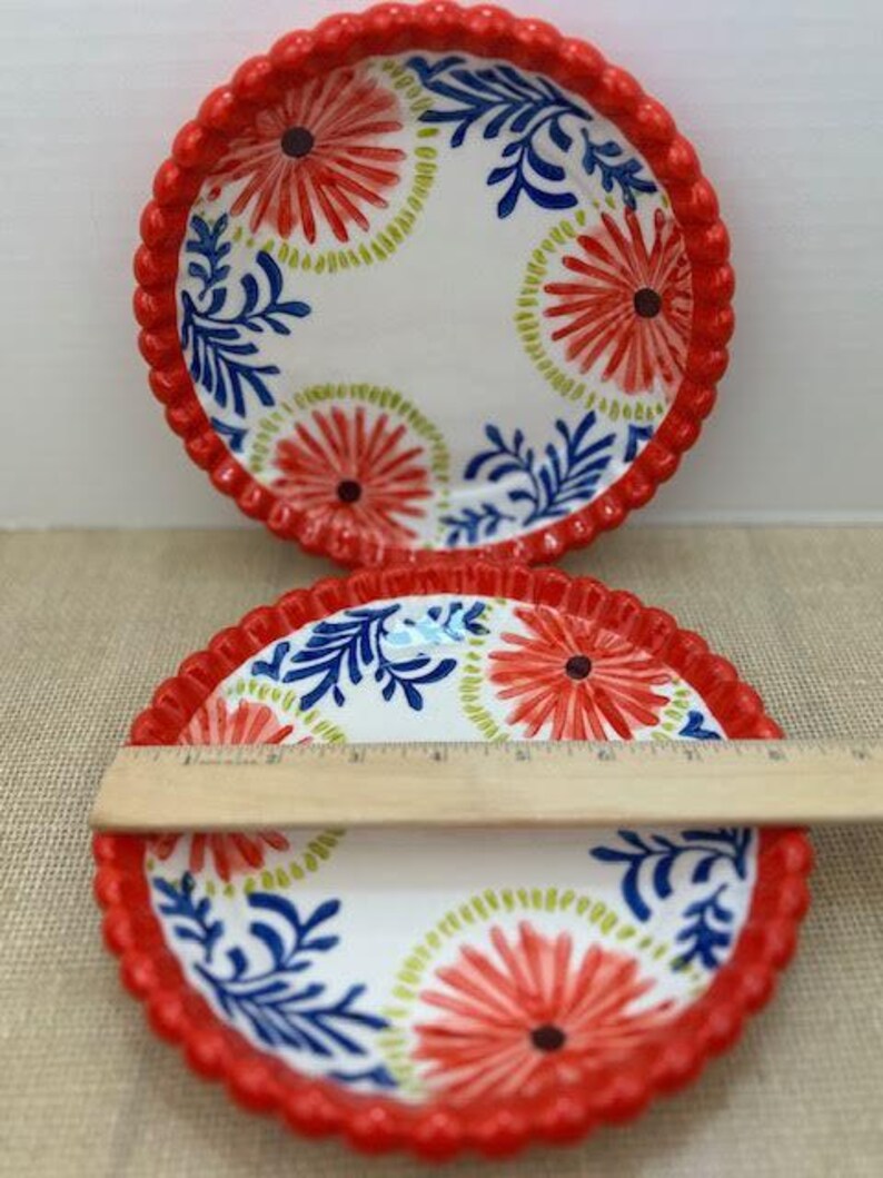 Pu&ograve; includere: Due piatti decorativi in ceramica con bordo smerlato rosso. I piatti presentano uno sfondo bianco con un motivo floreale rosso, blu e verde. Un righello di legno poggia su un piatto.