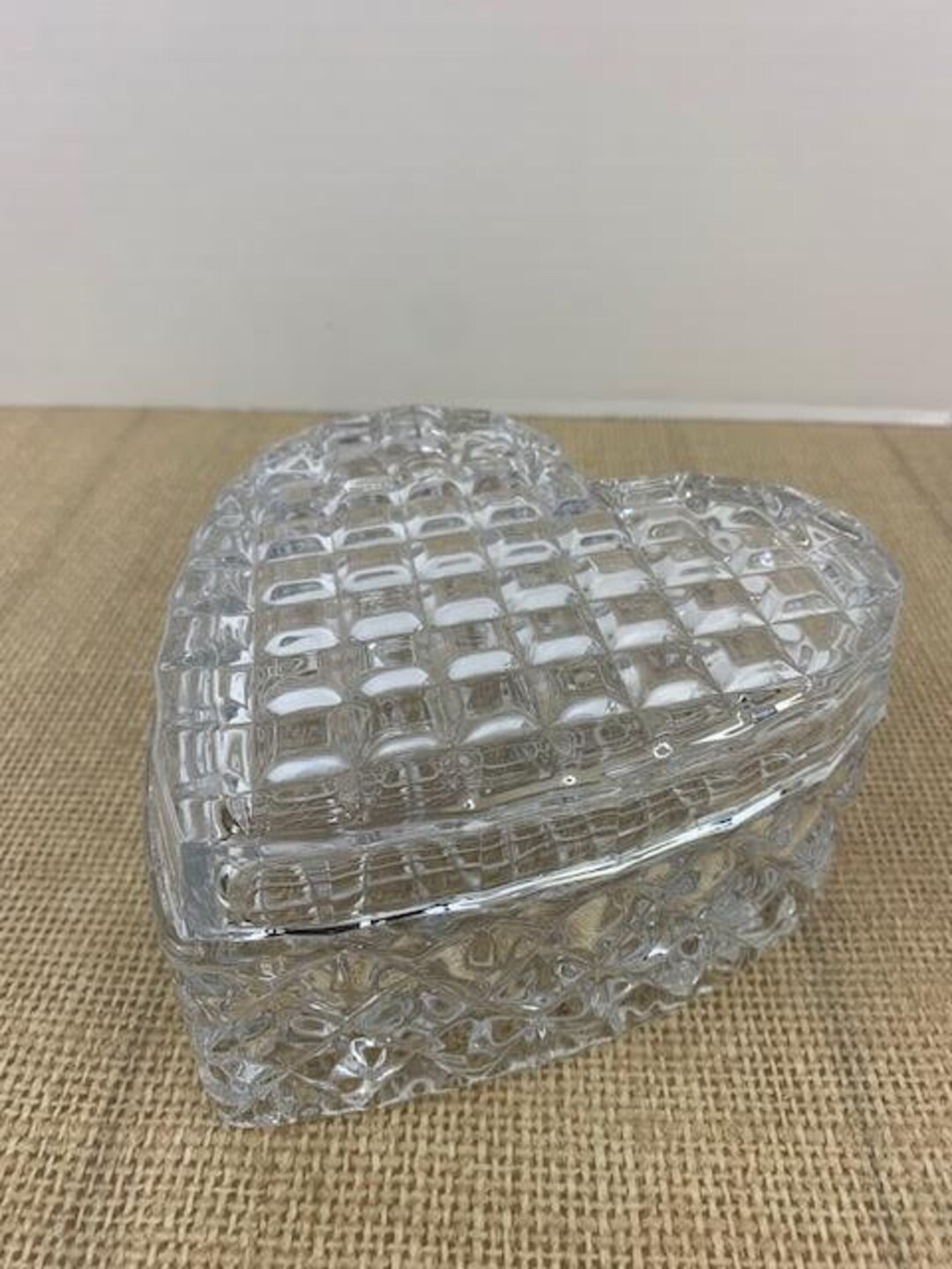 Lidded Glass Heart Candy Dish, Diamond Patterned Glass Heart Candy Dish