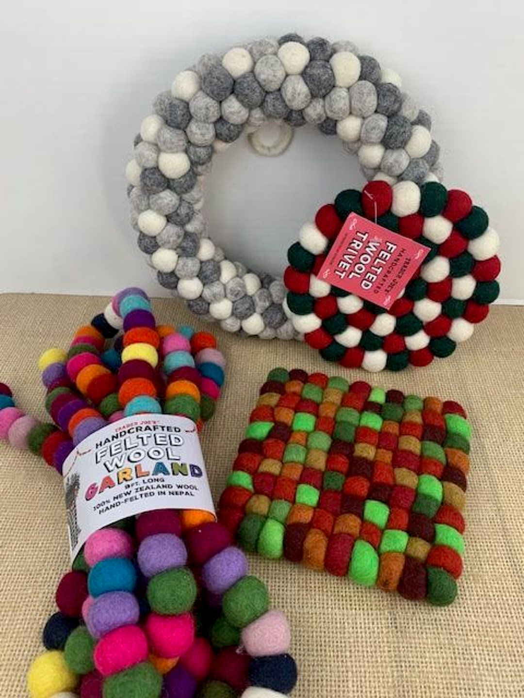 OOS Trader Joes Felted Wool Wreath, Felted Wool Trivet, Trader Joes 9 Foot Multi Color Wool Ball