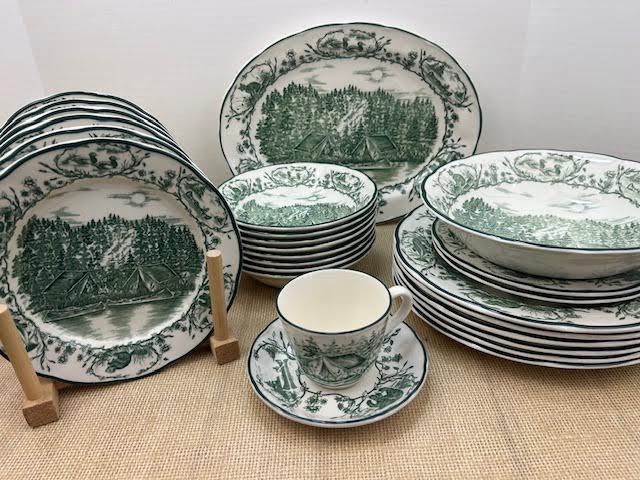 RARE Timberlake Camp 166 Plates and Bowls, Bob Timberlake Dishes from International Tableworks, Timberlake Camp Green Transferware, England