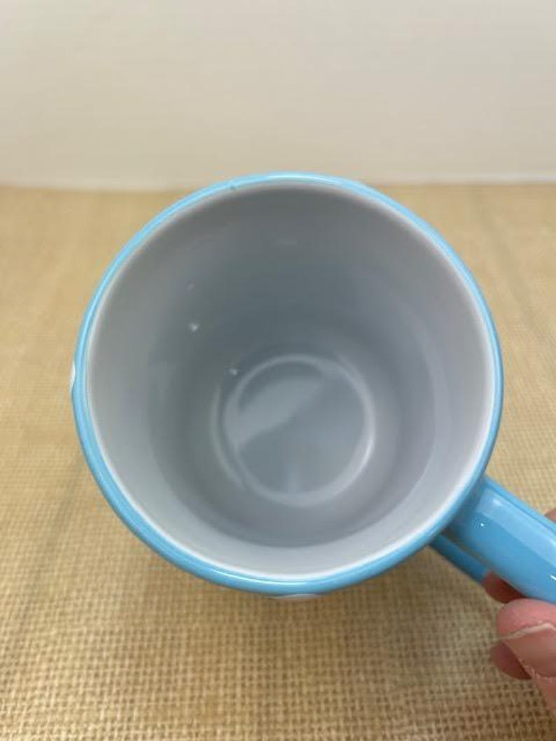 Op de afbeelding: Een lichtblauwe keramische mok met een witte binnenkant. De mok heeft een afgeronde handgreep.