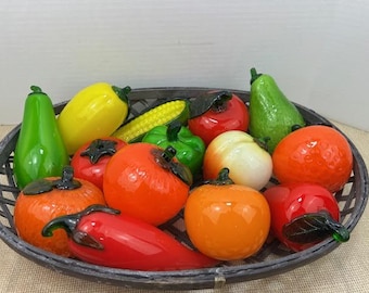 Beautiful Blown Glass Fruit and Vegetables, Glass Peach, Glass Oranges, Glass Apples, Glass Peppers, Glass Corn, Glass Squash, Glass Avocado