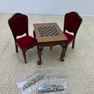 Miniature Dollhouse Chess Table w/chess pieces along with 2 "red velvet" cushioned chairs, Chess Table with Pieces and Chairs for Dollhouse