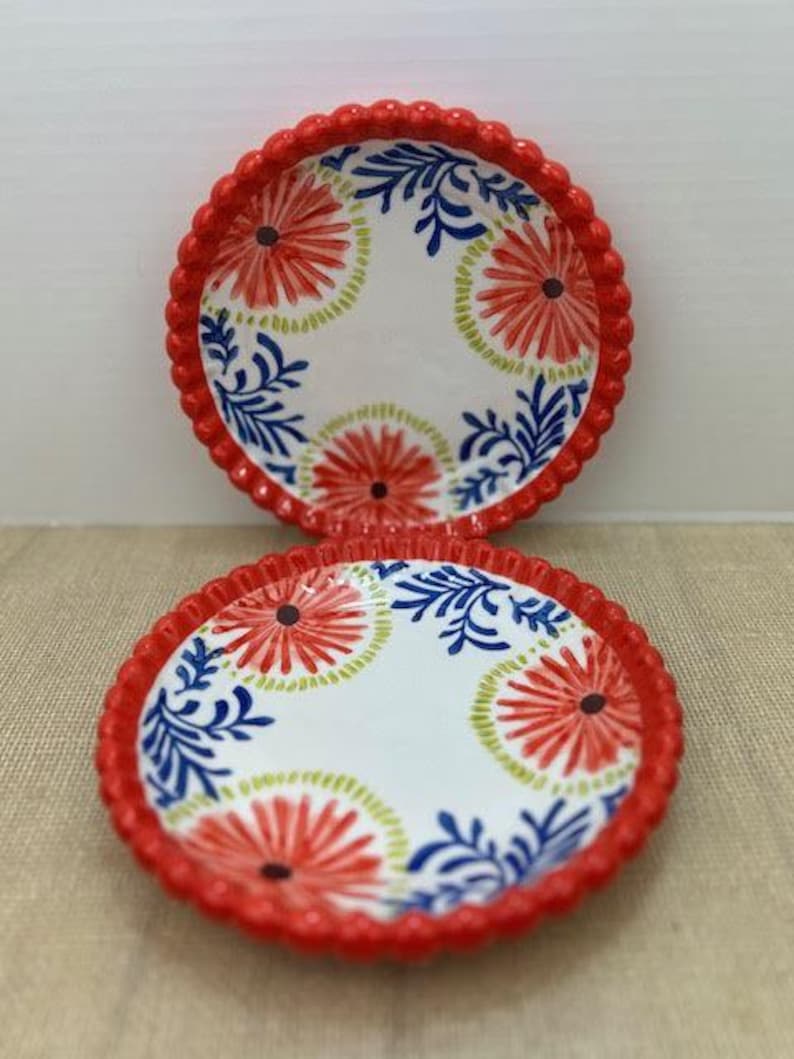 Pu&ograve; includere: Due piatti decorativi in ceramica con bordo smerlato rosso. I piatti hanno uno sfondo bianco con un motivo floreale rosso, blu e verde. I piatti sono rotondi e sembrano piccoli.