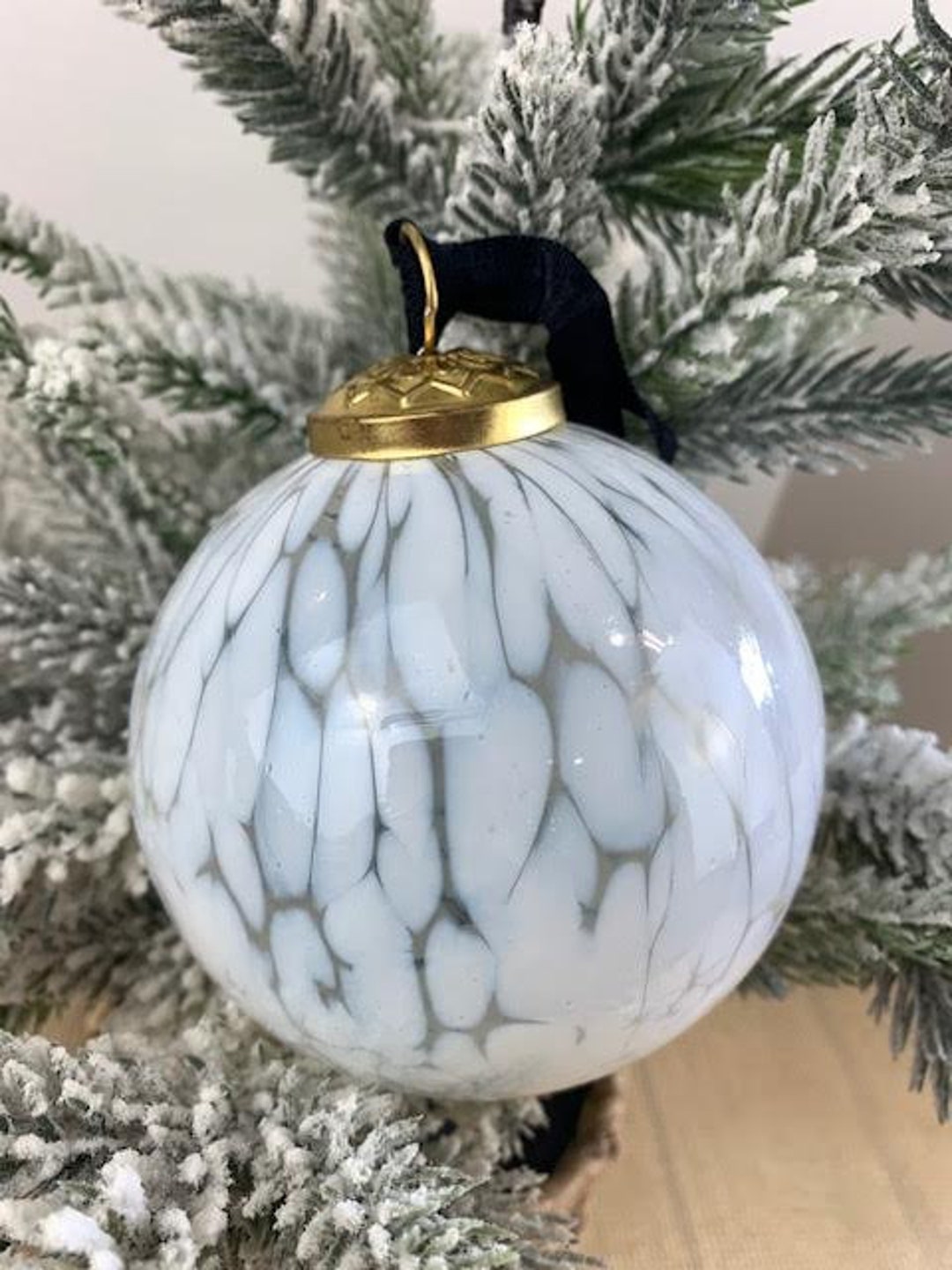 Beautiful Marbled White Glass Ornament, White Patterned Glass Bulb