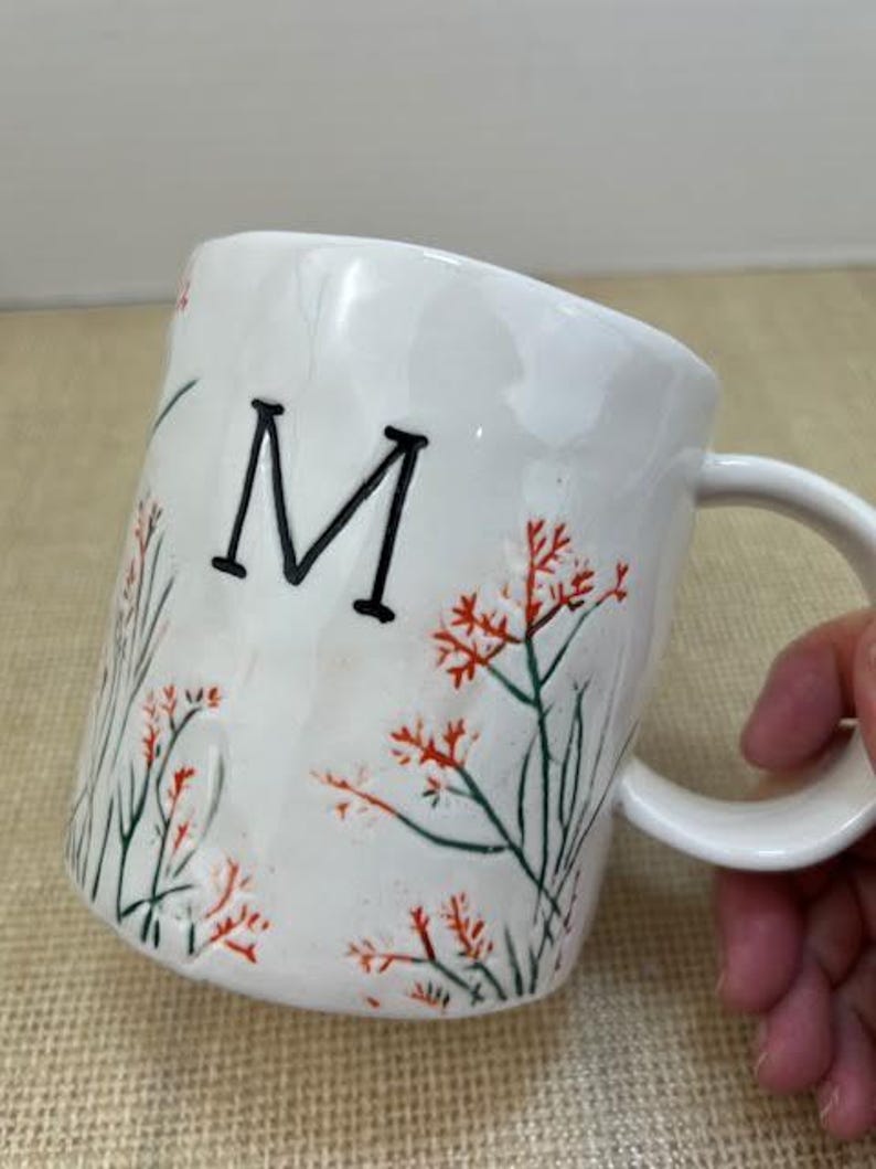 OOS Dagny Monogram Mugs from Anthropologie, Dagny Initial M Mug, Dagny Initial T Mug, Dagny Floral Monogram Mugs, AnthroHome, Anthropologie Initial M