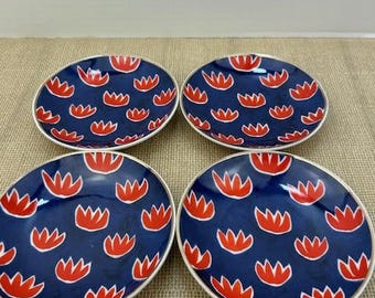 Set of 4 Mini Ceramic Plates from Misha Zadeh for 180 degree's, Blue and Orange Mini Dipping/Appetizer plates with Lotus Flower Design, 180