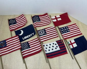 Vintage 1976 Miniature Bicentennial Cloth Replica Flags from American History, The Bunker Hill Flag, Schuyler Flag of Old Congress Hall