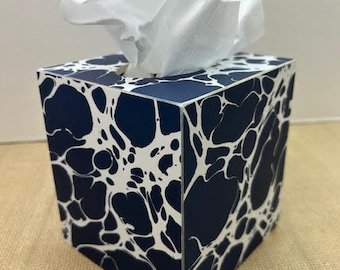 Handcrafted Wood and Paper Tissue Box Cover, Navy and White Modern/Abstract Tissue Box Cover, Navy and White Graniteware Look Alike Box
