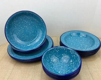 Aqua Blue White Speckled Enamel Dishes, Blue Speckled Enamel