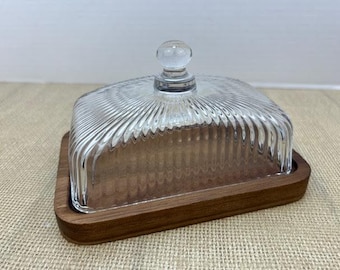 Wood and Glass Butter Dish, Ribbed Glass Butter Dish with Wood Base, Attractive Butter Dish