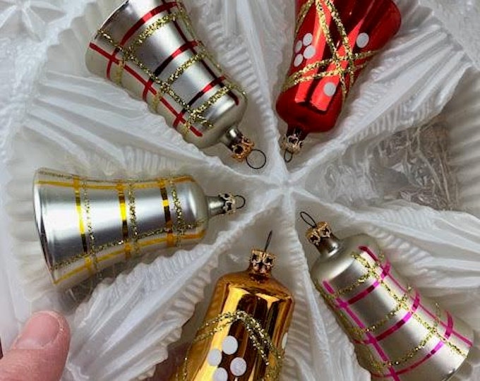 Set of 5 Vintage Glass Bell Ornaments, Vintage Bell Ornaments, Retro
